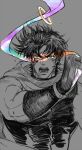  1boy bare_shoulders battle_tendency blue_eyes highres jewelry jojo_no_kimyou_na_bouken joseph_joestar joseph_joestar_(young) male_focus partially_colored ribbon ring scarf solo spot_color xing_xiao 