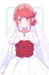  bangs bouquet breasts bridal_gauntlets bridal_veil bride chest_jewel dress flower frills highres holding holding_bouquet kotohatoko510 large_breasts pyra_(xenoblade) red_eyes redhead short_hair swept_bangs veil wedding_dress white_dress xenoblade_chronicles_(series) xenoblade_chronicles_2 