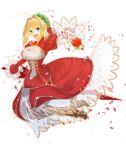  1girl ahoge blonde_hair blurry breasts cleavage corset fate/extra fate/grand_order fate_(series) flower green_eyes hair_flower hair_ornament highres looking_at_viewer nero_claudius_(fate)_(all) noma_(pixiv6276788) ocean petals saber_extra short_hair smile solo sword weapon 