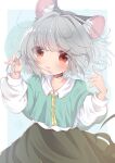  1girl absurdres animal_ear_fluff animal_ears ashino_chimado bangs blue_capelet blush capelet closed_mouth commentary_request cowboy_shot eyebrows_visible_through_hair grey_hair grey_skirt highres long_sleeves looking_at_viewer mouse_ears mouse_girl mouse_tail nazrin red_eyes shirt short_hair skirt smile solo tail touhou white_shirt 