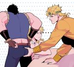  ... 1girl 2boys ass_grab bare_shoulders black_hair blonde_hair choker derivative_work dio_brando earrings erina_pendleton fingerless_gloves gloves headband jacket jewelry jojo_no_kimyou_na_bouken jonathan_joestar midriff multiple_boys phantom_blood red_eyes spadelake stardust_crusaders staring yellow_jacket 