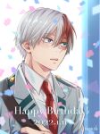  1boy bag bangs blue_eyes blurry blurry_background blurry_foreground boku_no_hero_academia burn_scar confetti dated english_text foreground_text hair_between_eyes happy_birthday heterochromia highres light_blush long_bangs male_focus messenger_bag multicolored_hair parted_lips redhead scar scar_on_face school_uniform short_hair shoulder_bag smile solo split-color_hair surprised text_focus todoroki_shouto twitter_username two-tone_hair u.a._school_uniform white_hair 