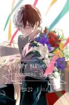  1boy acca_mha15 backlighting bangs banner blue_eyes blurry blurry_foreground boku_no_hero_academia bouquet bow box burn_scar character_name dated elbow_on_knee english_text foreground_text gift gift_box hair_between_eyes happy_birthday head_down heterochromia holding holding_bouquet long_bangs looking_at_viewer male_focus multicolored_hair redhead ribbon scar scar_on_face school_uniform short_hair sitting smile solo split-color_hair streamers todoroki_shouto two-tone_hair u.a._school_uniform white_hair 