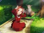  1girl :d back_bow black_hairband black_legwear bow day dress fox full_body game_cg hair_intakes hairband long_sleeves outdoors pantyhose red_bow red_dress red_eyes redhead shiny shiny_hair short_dress short_hair smile solo sparkle squatting sunlight sword_art_online sword_art_online:_alicization_rising_steel tiese_schtrinen younger 