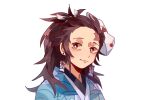  1boy alternate_hair_length alternate_hairstyle blue_coat brown_hair chinese_commentary closed_mouth coat commentary_request earrings hair_ribbon haori highres japanese_clothes jewelry kamado_tanjirou kimetsu_no_yaiba light_smile long_hair looking_at_viewer male_focus mask mask_on_head mogutofuoes ponytail red_eyes ribbon scar scar_on_face scar_on_forehead simple_background solo upper_body white_background white_ribbon 