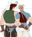  2boys ^^^ anger_vein ass_grab ass_shake battle_tendency black_hair blonde_hair blue_shirt blush caesar_anthonio_zeppeli crop_top facial_mark feather_hair_ornament feathers fingerless_gloves from_behind gloves hair_ornament headband heart holding_another&#039;s_wrist jojo_no_kimyou_na_bouken joseph_joestar joseph_joestar_(young) male_focus midriff motion_lines multiple_boys poking_ass shirt sleeveless sleeveless_turtleneck spadelake surprised t-shirt trembling turtleneck 