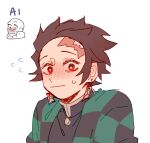  1boy black_jacket blush brown_hair checkered_haori chinese_commentary closed_mouth commentary_request earrings flying_sweatdrops gakuran highres jacket jewelry kamado_tanjirou kimetsu_no_yaiba male_focus mogutofuoes red_eyes reference_inset scar scar_on_face scar_on_forehead school_uniform short_hair simple_background solo sweat upper_body white_background 