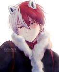  1boy animal_ears artist_name bangs bloom blue_eyes boku_no_hero_academia burn_scar ceallachs ear_piercing fur-trimmed_jacket fur_trim glint grey_eyes hair_between_eyes heterochromia highres jacket long_bangs male_focus multicolored_hair multiple_piercings piercing portrait profile redhead scar scar_on_face short_hair smile snow_leopard solo split-color_hair todoroki_shouto two-tone_hair white_background white_hair winter_clothes 