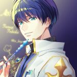  1boy a3! blue_background blue_eyes blue_hair brooch character_name collar copyright_name gold_trim gradient gradient_background hand_up jewelry looking_at_viewer male_focus oikoyo pen pocket short_hair simple_background smile solo tsukioka_tsumugi twitter_username uniform upper_body wand 