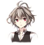  1boy antenna_hair bangs black_vest brown_hair collarbone collared_shirt cropped_torso eyebrows_visible_through_hair fate/apocrypha fate_(series) hair_between_eyes hair_intakes looking_at_viewer male_focus parted_lips red_eyes shirt sieg_(fate) simple_background solo tachitsu_teto upper_body vest white_background white_shirt 