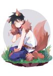  1boy absurdres animal_ears animal_feet animal_hands belt belt_buckle black_hair buckle closed_eyes closed_mouth commentary_request denim dog_ears dog_tail full_body fur_collar gloves grey_background highres jeans kageyama_ritsu male_focus mob_psycho_100 mogutofuoes pants paw_gloves shirt short_hair sleeveless sleeveless_shirt solo spiky_hair tail two-tone_background white_background white_shirt 