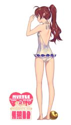  1girl apple arknights ass back barefoot blue_eyes character_name earrings food fruit golden_apple jewelry long_hair myrtle_(arknights) one-piece_swimsuit pointy_ears ponytail redhead smile solo standing swimsuit toes white_swimsuit yan_wan 