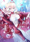  1girl ahoge blonde_hair blurry breasts cleavage corset fate/extra fate/grand_order fate_(series) flower green_eyes hair_flower hair_ornament highres looking_at_viewer nero_claudius_(fate)_(all) ocean petals saber_extra short_hair smile solo yugina08 