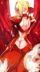  1girl ahoge blonde_hair blurry breasts cleavage corset fate/extra fate/grand_order fate_(series) flower green_eyes hair_flower hair_ornament highres looking_at_viewer nero_claudius_(fate)_(all) ocean petals saber_extra short_hair smile solo tuetue13 