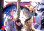  2girls :d adapted_costume backlighting blurry blurry_background bow bowtie commission day depth_of_field dise food fruit fur_trim hat hat_bow highres hinanawi_tenshi komeiji_koishi looking_at_another multiple_girls new_year outdoors overexposure peach red_bow red_bowtie rope smile snow torii touhou upper_body winter_clothes 
