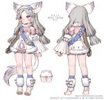  2017 animal_ears animal_feet artstation_username blue_bow blue_eyes bow character_request character_sheet commentary_request digitigrade dragon_nest eyebrows_visible_through_hair grey_hair hair_bow korean_commentary korean_text long_hair long_tail mechanical_arms siho_white single_mechanical_arm standing tail translation_request underwear web_address 