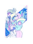  1boy 1girl abs apex_legends bangs bodysuit chest_tattoo cornrows crypto_(apex_legends) cup drinking_straw_in_mouth from_side hanagata_kyousuke holding holding_cup hood hooded_jacket hype_beast_crypto ice_cream_cone jacket kawaii_voltage_wattson official_alternate_costume palm_tree pants pink_bodysuit pink_headwear pink_jacket smile sparkle tattoo tied_hair tree wattson_(apex_legends) white_pants 