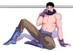  1boy black_hair blue_eyes boots fingerless_gloves full_body gloves jojo_no_kimyou_na_bouken jonathan_joestar lipstick makeup male_focus purple_lips scarf sitting smile solo spadelake topless_male triangle_print 