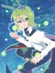  1girl androgynous antennae bangs black_cape black_shorts cape closed_mouth collared_shirt commentary eyebrows_visible_through_hair feet_out_of_frame fireflies flat_chest green_eyes green_hair hair_between_eyes kari_(atsuki_565) looking_at_viewer red_cape shirt short_hair shorts smile solo touhou two-sided_cape two-sided_fabric white_shirt wriggle_nightbug 