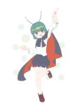  1girl :d androgynous antennae bangs black_cape black_shorts blush brown_footwear cape commentary flat_chest frilled_shorts frills full_body green_eyes green_hair kari_(atsuki_565) leg_up long_sleeves looking_at_viewer open_mouth pointing pointing_up red_cape shirt shoes short_hair shorts simple_background smile socks solo touhou two-sided_cape two-sided_fabric white_background white_legwear white_shirt wriggle_nightbug 