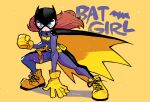  1girl absurdres barbara_gordon batgirl batman_(series) belt blue_eyes bodysuit boots breasts cape character_name clenched_hand closed_mouth dc_comics frown full_body gloves hand_on_floor highres long_hair looking_at_viewer mask rariatto_(ganguri) redhead solo superhero twitter_username yellow_background yellow_footwear 