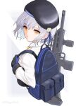  1girl assault_rifle backpack bag bangs beret black_gloves closed_mouth eyebrows_visible_through_hair girls_frontline gloves gun hat highres ingerdoll light_blue_hair looking_at_viewer over_shoulder rifle shirt short_hair simple_background six12 six12_(girls&#039;_frontline) solo twitter_username upper_body weapon weapon_over_shoulder white_shirt yellow_eyes 