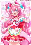  1girl :d blush choker commentary_request cure_precious delicious_party_precure earrings eyelashes hair_ornament hair_ribbon hanzou3_55 happy highres jewelry kome-kome_(precure) long_hair magical_girl nagomi_yui pink_choker pink_hair pink_theme precure purple_eyes ribbon simple_background sketch smile solo 