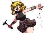  1girl bare_shoulders black_shirt blonde_hair blood blood_on_hands breasts brown_jacket clothes_around_waist formicid green_eyes hair_between_eyes half_updo hammer holding holding_hammer jacket jacket_around_waist jaggy_line looking_at_viewer medium_breasts mizuhashi_parsee nail open_mouth outstretched_arm pointy_ears revision sharp_teeth shirt short_hair simple_background sleeveless sleeveless_shirt slit_pupils solo tattoo teeth touhou white_background 