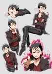  ? absurdres black_hair black_jacket black_pants closed_eyes closed_mouth commentary_request grey_background hands_in_pockets highres jacket long_sleeves looking_at_viewer magic male_focus mob_psycho_100 mogutofuoes multiple_views pants parted_lips red_shirt shimazaki_ryo shirt short_hair simple_background spoken_question_mark sweat 
