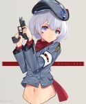  1girl bangs beret blue_jacket breasts character_name closed_mouth eyebrows_visible_through_hair girls_frontline gun handgun hat holding holding_gun holding_weapon ingerdoll jacket light_purple_eyes light_purple_hair looking_away mp-446_(girls&#039;_frontline) mp-446_viking navel pistol red_scarf scarf short_hair small_breasts smile solo upper_body weapon 