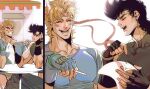  2boys battle_tendency black_hair blonde_hair caesar_anthonio_zeppeli cafe cigarette crop_top facial_mark feather_hair_ornament feathers fingerless_gloves gloves hair_ornament hand_on_own_cheek hand_on_own_face head_rest headband jojo_no_kimyou_na_bouken joseph_joestar joseph_joestar_(young) laughing male_focus midriff multiple_boys reading sitting sleeveless sleeveless_turtleneck spadelake turtleneck 