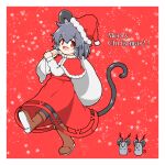  1girl absurdres animal_ears antlers bangs black_legwear blush boots border brown_footwear capelet commentary_request dress eyebrows_visible_through_hair fang full_body grey_hair hat highres holding holding_sack liner41 looking_at_viewer merry_christmas mouse mouse_ears mouse_girl mouse_tail nazrin open_mouth pantyhose red_capelet red_dress red_eyes sack santa_hat short_hair skin_fang smile snowflake_background solo tail touhou walking white_border 