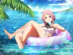  1girl :q bare_arms bare_legs bare_shoulders barefoot bikini blue_sky breasts clouds crossed_legs day food game_cg hair_ornament holding holding_food innertube lisbeth_(sao-alo) looking_at_viewer medium_breasts ocean outdoors pink_hair pointy_ears popsicle red_eyes shiny shiny_hair short_hair sky solo summer swimsuit sword_art_online sword_art_online:_alicization_rising_steel thighlet tongue tongue_out white_bikini 