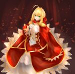  1girl ahoge blonde_hair blurry breasts cleavage corset fate/extra fate/grand_order fate_(series) flower green_eyes hair_flower hair_ornament highres looking_at_viewer nero_claudius_(fate)_(all) ocean petals saber_extra short_hair smile solo tamamo_mikoon 