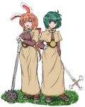  2girls acolyte_(ragnarok_online) animal_ears bangs blood blood_on_weapon blue_eyes blush bow breasts brown_capelet brown_shirt brown_skirt capelet closed_mouth commentary_request cross full_body gloves grass green_eyes green_hair hair_bow hand_on_hip holding holding_weapon koutarou_(plusdrive) large_breasts long_hair long_sleeves looking_at_viewer mace multiple_girls open_mouth orange_hair ponytail rabbit_ears ragnarok_online red_bow shirt shoes short_hair skirt small_breasts smile standing weapon white_background white_gloves 