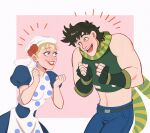  1boy 1girl apron bandana battle_tendency black_hair blonde_hair blue_dress blue_eyes crop_top denim derivative_work disney dress earrings flower green_eyes green_scarf grin hat hat_flower jeans jewelry jojo_no_kimyou_na_bouken joseph_joestar joseph_joestar_(young) lipstick look-alike makeup male_focus midriff pants parody polka_dot polka_dot_apron puffy_sleeves scarf smile spadelake striped striped_scarf style_parody suzi_q tangled yellow_scarf 