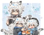  1boy 2girls :d animal_ear_fluff animal_ears arknights bangs black_jacket black_necktie black_shirt blue_mittens brother_and_sister cliffheart_(arknights) closed_mouth collared_shirt doctor_(arknights) drooling eyebrows_visible_through_hair food grey_eyes grey_hair grey_shirt hair_between_eyes holding holding_food holding_spoon jacket jar kyouna leopard_boy leopard_ears leopard_girl leopard_tail long_hair mittens mouth_drool multicolored_hair multiple_girls necktie pramanix_(arknights) shirt siblings silverash_(arknights) sisters smile solid_oval_eyes spoon streaked_hair striped striped_shirt tail vertical-striped_shirt vertical_stripes very_long_hair 