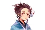  1boy alternate_hairstyle blue_coat brown_hair chinese_commentary closed_mouth coat commentary_request earrings hair_ribbon haori highres japanese_clothes jewelry kamado_tanjirou kimetsu_no_yaiba light_smile looking_at_viewer male_focus mask mask_on_head mogutofuoes red_eyes ribbon scar scar_on_face scar_on_forehead short_ponytail simple_background solo upper_body white_background white_ribbon 