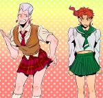  2boys anzumame crossdressing earrings grey_hair jean_pierre_polnareff jewelry jojo_no_kimyou_na_bouken kakyoin_noriaki kneehighs male_focus midriff multiple_boys necktie plaid plaid_skirt pleated_skirt redhead school_uniform serafuku skirt stardust_crusaders sweater_vest 