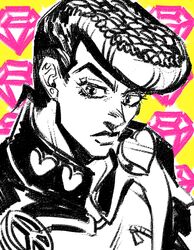  1boy anzumame diamond_wa_kudakenai earrings gakuran gem heart higashikata_josuke jewelry jojo_no_kimyou_na_bouken male_focus monochrome official_style peace_symbol pompadour school_uniform solo 