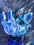  1boy blizzard blue_armor build_driver come_at_me_bro come_hither donguri_kaijin driver glowing glowing_eyes grease_blizzard highres kamen_rider kamen_rider_build_(series) kamen_rider_grease looking_at_viewer male_focus mechanical_hands red_eyes single_mechanical_hand snow snowflakes snowing solo tokusatsu translucent winter 