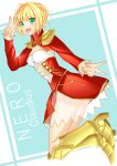  1girl ahoge blonde_hair blurry breasts cleavage corset fate/extra fate/grand_order fate_(series) flower green_eyes hair_flower hair_ornament highres looking_at_viewer nero_claudius_(fate)_(all) ocean petals saber_extra short_hair skusu smile solo 