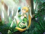  1girl bangs blonde_hair braid breasts bug butterfly butterfly_on_hand forest game_cg garter_straps gloves green_eyes green_gloves green_skirt hair_between_eyes hair_tubes high_heels in_tree large_breasts leafa_(terraria) long_hair midriff miniskirt nature ponytail shiny shiny_hair sitting sitting_in_tree skirt solo sword_art_online sword_art_online:_alicization_rising_steel thigh-highs tree twin_braids very_long_hair white_legwear 