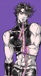  1boy abs amputee bare_shoulders battle_tendency blue_eyes grimace highres jojo_no_kimyou_na_bouken joseph_joestar joseph_joestar_(young) male_focus messy_hair midriff missing_limb mouth_hold muscular muscular_male red_eyes ribbon sleeveless sleeveless_turtleneck solo spiky_hair triangle_print turtleneck xing_xiao 