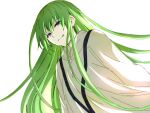  1other bangs closed_mouth eyebrows_visible_through_hair fate/strange_fake fate_(series) green_hair hair_between_eyes kingu_(fate) long_hair looking_at_viewer robe simple_background smile solo tachitsu_teto upper_body very_long_hair violet_eyes white_background white_robe 