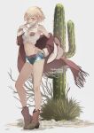  1girl :d artist_name bangs bare_legs blonde_hair blue_shorts blush boots breasts brown_eyes brown_footwear brown_jacket cactus collarbone collared_shirt cowboy_boots cowboy_hat denim denim_shorts finger_to_mouth fringe_trim full_body hand_on_hip hat headwear_removed jacket kanojo_okarishimasu knee_boots long_sleeves looking_at_viewer medium_breasts nanami_mami navel off_shoulder open_clothes open_jacket open_mouth shirt short_hair short_shorts shorts simple_background smile solo standing stomach sydus tied_shirt white_background white_headwear white_shirt 