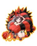  1girl arm_up bangs bare_legs beanie black_hair blue_eyes clenched_hand collarbone colored_sclera commentary_request cropped_torso fangs fire floral_print full_body furu_kaze green_eyes green_shorts hat highres holding_person incineroar looking_at_viewer orange_outline pectorals pokemon pokemon_(creature) pokemon_(game) pokemon_sm print_shirt red_headwear selene_(pokemon) sharp_teeth shirt shoes short_hair short_shorts short_sleeves shorts simple_background slit_pupils sneakers swept_bangs t-shirt teeth tied_shirt upper_body white_background yellow_sclera 