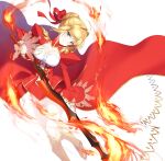  1girl ahoge blonde_hair blurry breasts cleavage corset fate/extra fate/grand_order fate_(series) flower green_eyes hair_flower hair_ornament highres holding holding_sword holding_weapon kinoto_(shima_je) looking_at_viewer nero_claudius_(fate)_(all) ocean petals saber_extra short_hair smile solo sword weapon 