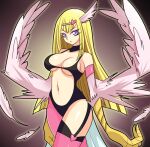  1girl artist_request asymmetrical_legwear blonde_hair blue_eyes breasts center_opening claws cleavage duel_monster feathers hair_ornament harpie_girl harpy heart heart_hair_ornament highres kagemeganeko kneeling leotard long_hair monster_girl navel open_mouth pantyhose smile solo thigh-highs wings yuu-gi-ou yuu-gi-ou_duel_monsters 