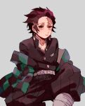  1boy absurdres belt black_jacket black_pants breast_pocket brown_hair checkered_haori chinese_commentary closed_mouth commentary_request earrings feet_out_of_frame gakuran grey_background hakama hakama_pants highres jacket japanese_clothes jewelry kamado_tanjirou kimetsu_no_yaiba looking_at_viewer male_focus mogutofuoes pants pocket red_eyes scar scar_on_face scar_on_forehead school_uniform short_hair simple_background solo 